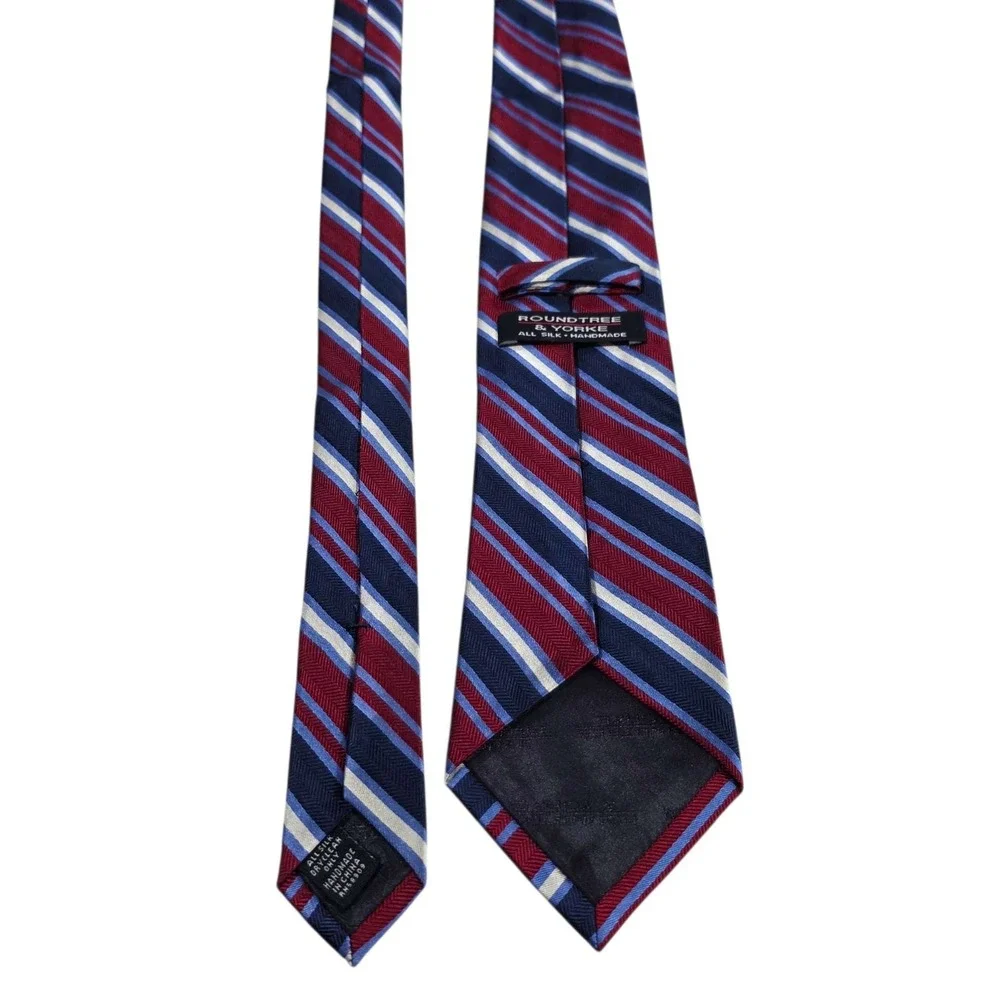 Roundtree & Yorke‎ Striped Silk Handmade Necktie Red Blue White Classic Formal